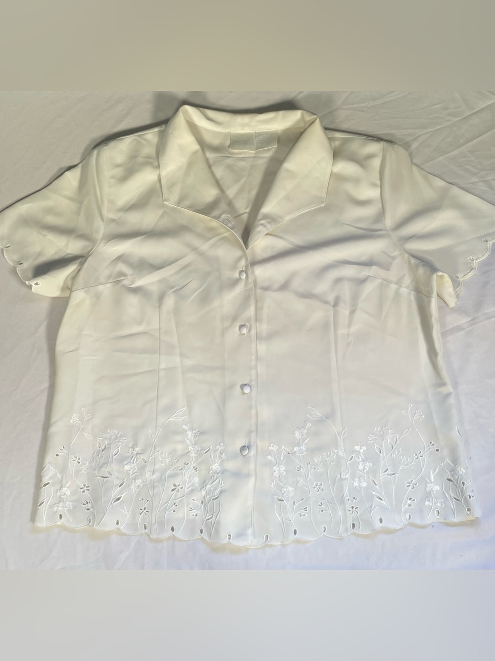 Vintage 90's Elizabeth Williams Blouse Women XL White Scalloped Hem Embroider